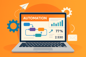 Écran d’ordinateur affichant un tableau de bord d’automatisation marketing avec des scénarios actifs et des statistiques en temps réel
