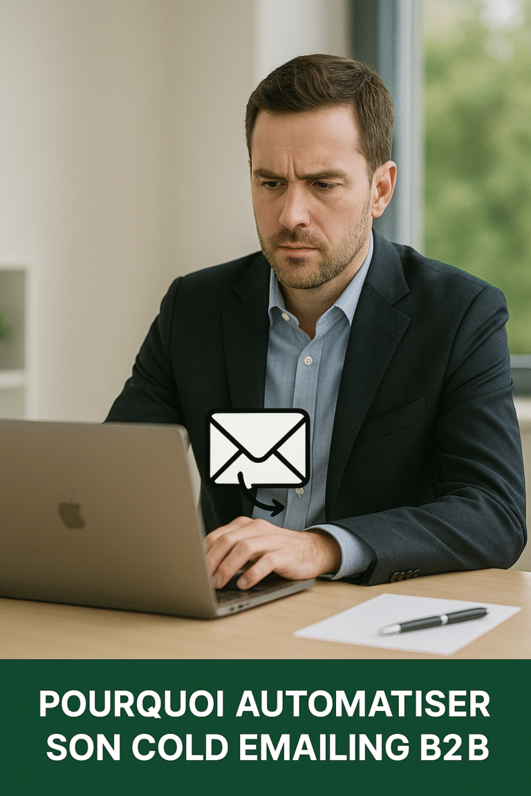 Un homme en costume tape sur son ordinateur portable dans un bureau lumineux, avec une icône d’email apparaissant sur son torse et un bandeau vert en bas affichant le texte “Pourquoi automatiser son cold emailing B2B