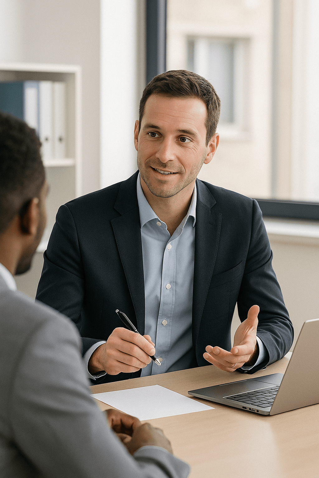 Deux professionnels en costume discutent sérieusement autour d’un bureau dans un bureau moderne, illustrant une externalisation réussie entre client et une agence de prospection à Lyon