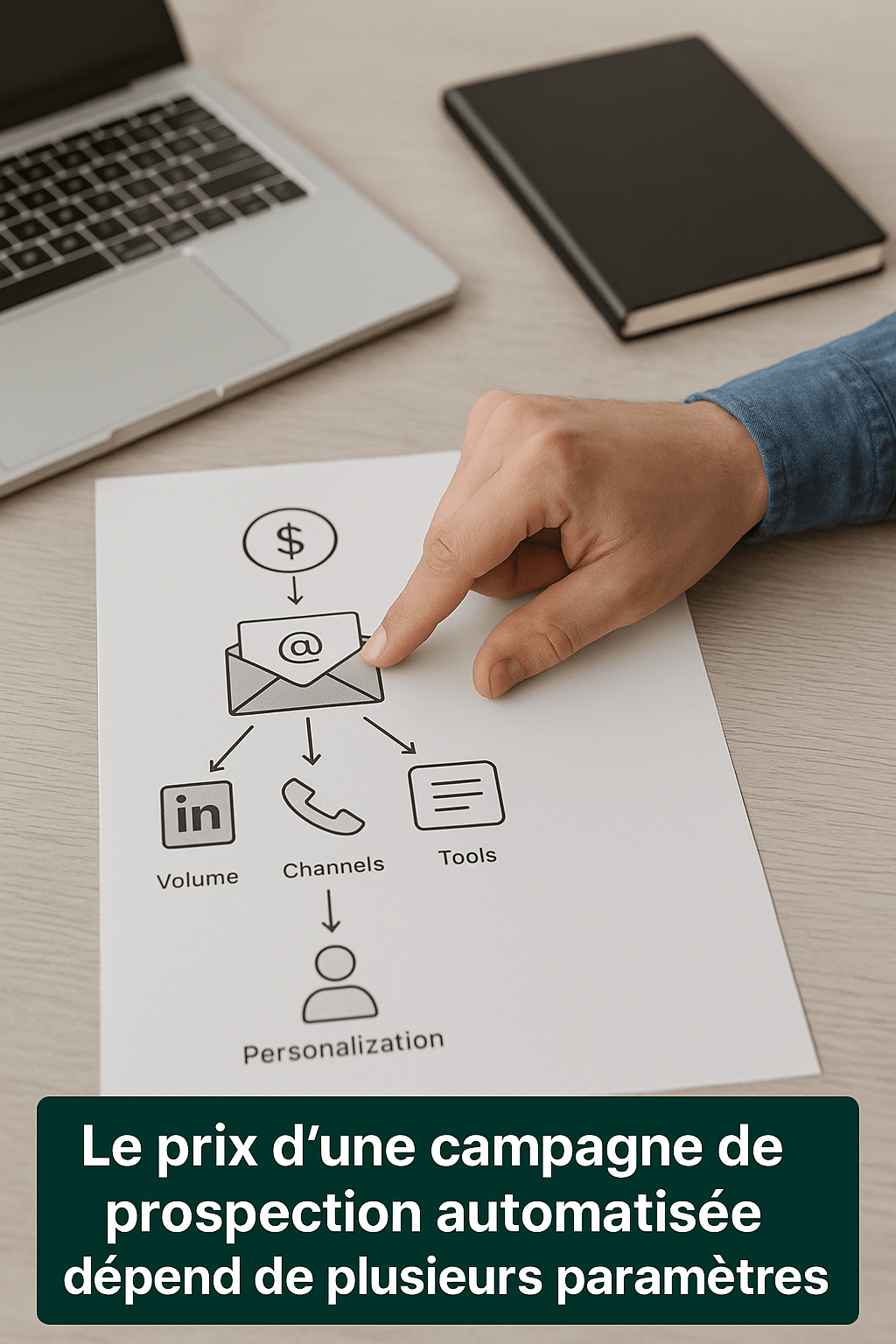 Main pointant une feuille posée sur un bureau, illustrant les facteurs influençant le prix d’une campagne de prospection automatisée, comme LinkedIn, téléphone, outils, et personnalisation. Un ordinateur portable et un carnet sont visibles en arrière-plan.