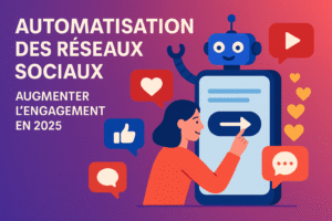 Illustration d’une femme interagissant avec un robot sur un smartphone, représentant l’automatisation des réseaux sociaux et l’augmentation de l’engagement en 2025