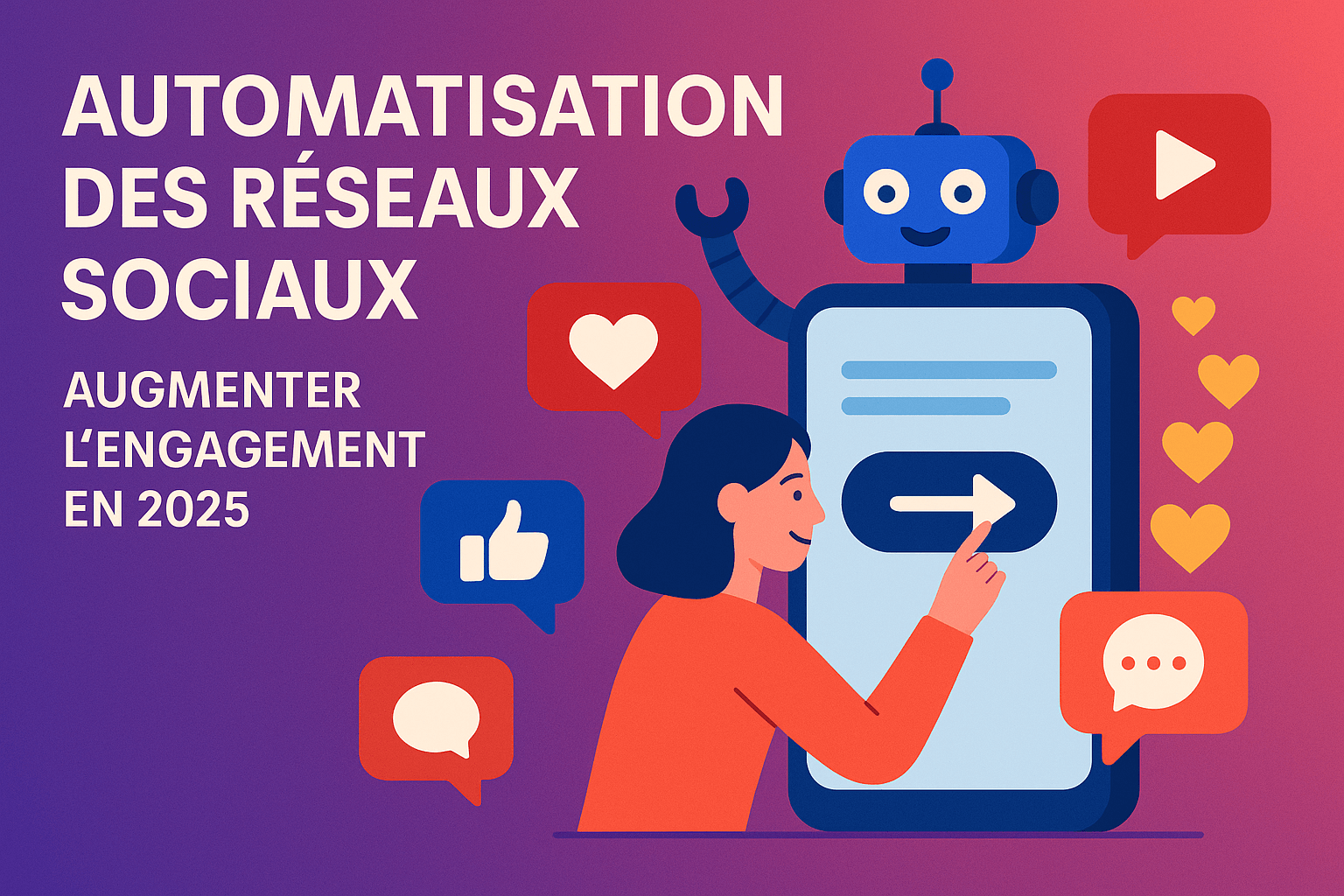 Illustration d’une femme interagissant avec un robot sur un smartphone, représentant l’automatisation des réseaux sociaux et l’augmentation de l’engagement en 2025