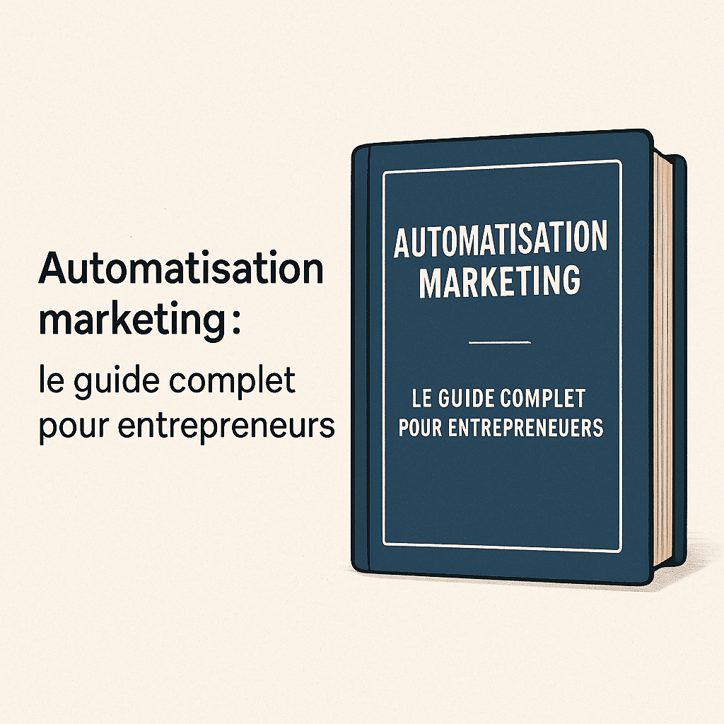 Illustration d’un livre bleu intitulé « Automatisation marketing – Le guide complet pour entrepreneurs », avec le texte “Automatisation marketing : le guide complet pour entrepreneurs” à gauche, sur fond clair. Idéal comme miniature ou visuel de couverture pour un guide sur l’automatisation marketing destiné aux entrepreneurs.