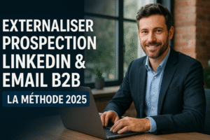 Un homme professionnel souriant, habillé en costume bleu marine, est assis à un bureau dans un bureau moderne avec un ordinateur portable devant lui. Sur la gauche de l’image, un texte en lettres blanches indique : « Externaliser Prospection LinkedIn & Email B2B : La Méthode 2025 ». L’ambiance est lumineuse, professionnelle et engageante, avec une atmosphère moderne et rassurante.
