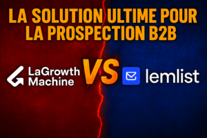 Image montrant un affrontement entre LaGrowthMachine et Lemlist pour la prospection B2B, avec les deux logos séparés par un éclair rouge, fond rouge et bleu, texte accrocheur “La solution ultime pour la prospection B2B”.