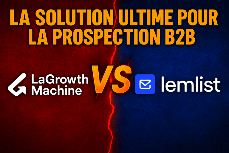 Image montrant un affrontement entre LaGrowthMachine et Lemlist pour la prospection B2B, avec les deux logos séparés par un éclair rouge, fond rouge et bleu, texte accrocheur “La solution ultime pour la prospection B2B”.