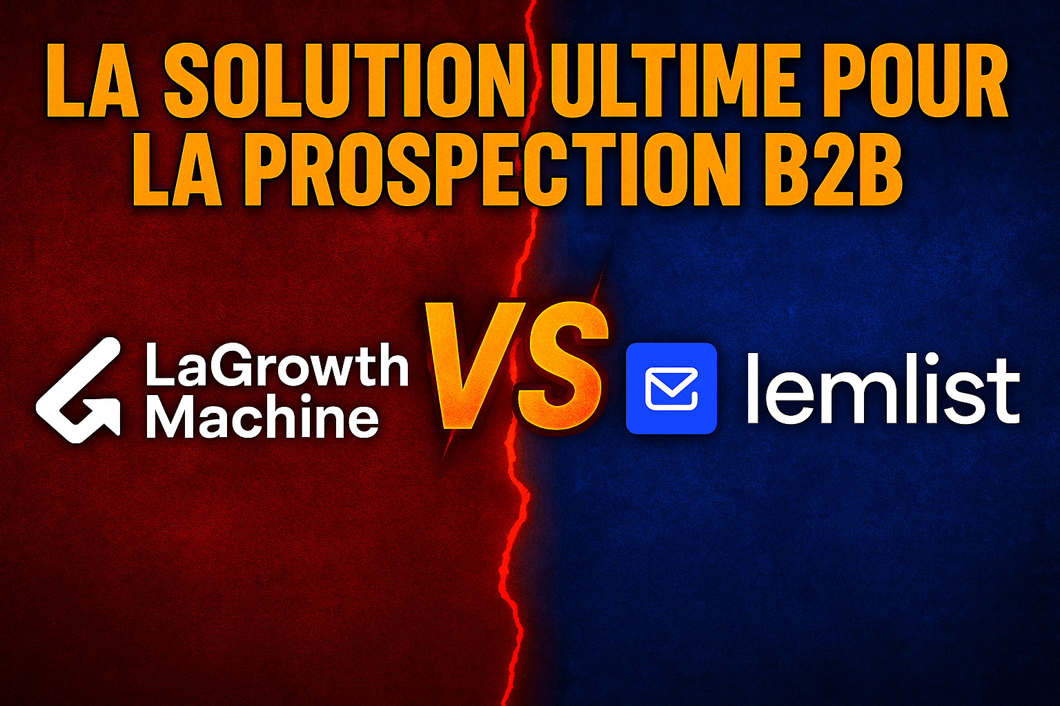 Image montrant un affrontement entre LaGrowthMachine et Lemlist pour la prospection B2B, avec les deux logos séparés par un éclair rouge, fond rouge et bleu, texte accrocheur “La solution ultime pour la prospection B2B”.