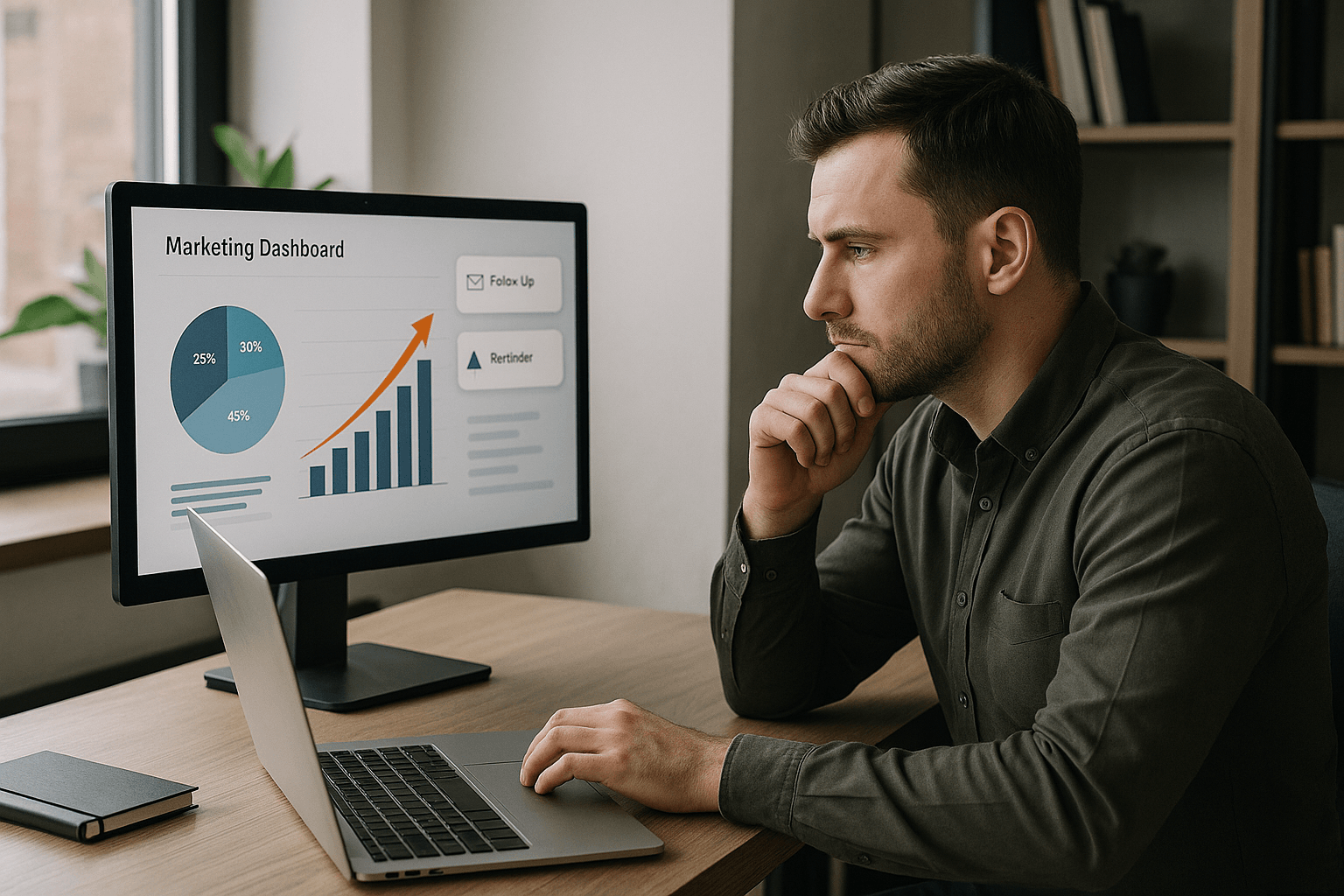 Scène de bureau moderne avec un écran affichant un tableau de bord marketing, des notifications de relance client, une personne concentrée analysant les données, symbolisant l’automatisation des relances marketing en entreprise.