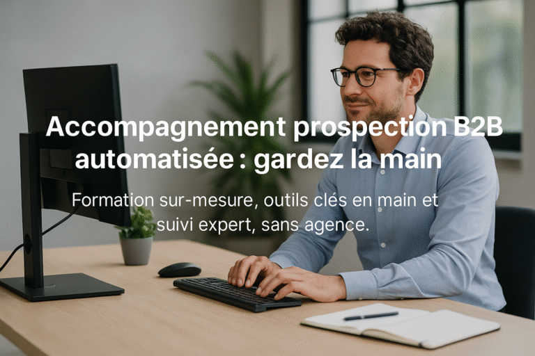 Illustration d’un consultant en prospection B2B accompagnant un entrepreneur dans l’installation de son système d’automatisation marketing