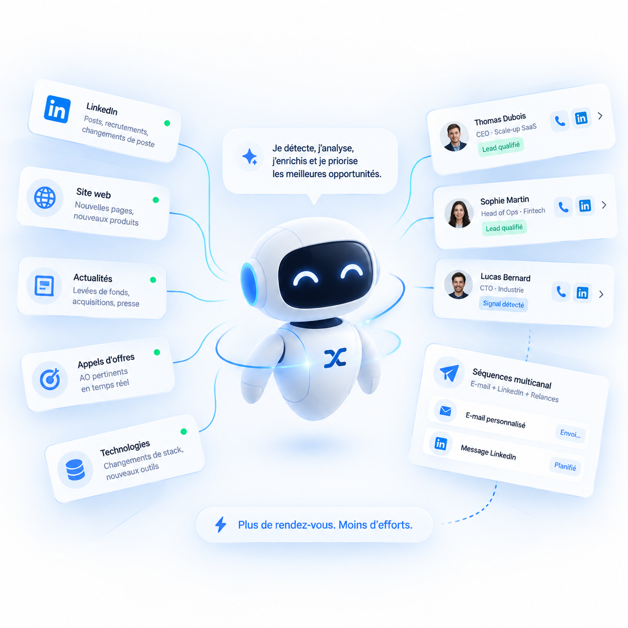 Agent IA de prospection : il surveille LinkedIn, les sites web, l'actualité, les appels d'offres et les technologies, puis livre des leads qualifiés et lance des séquences multicanal