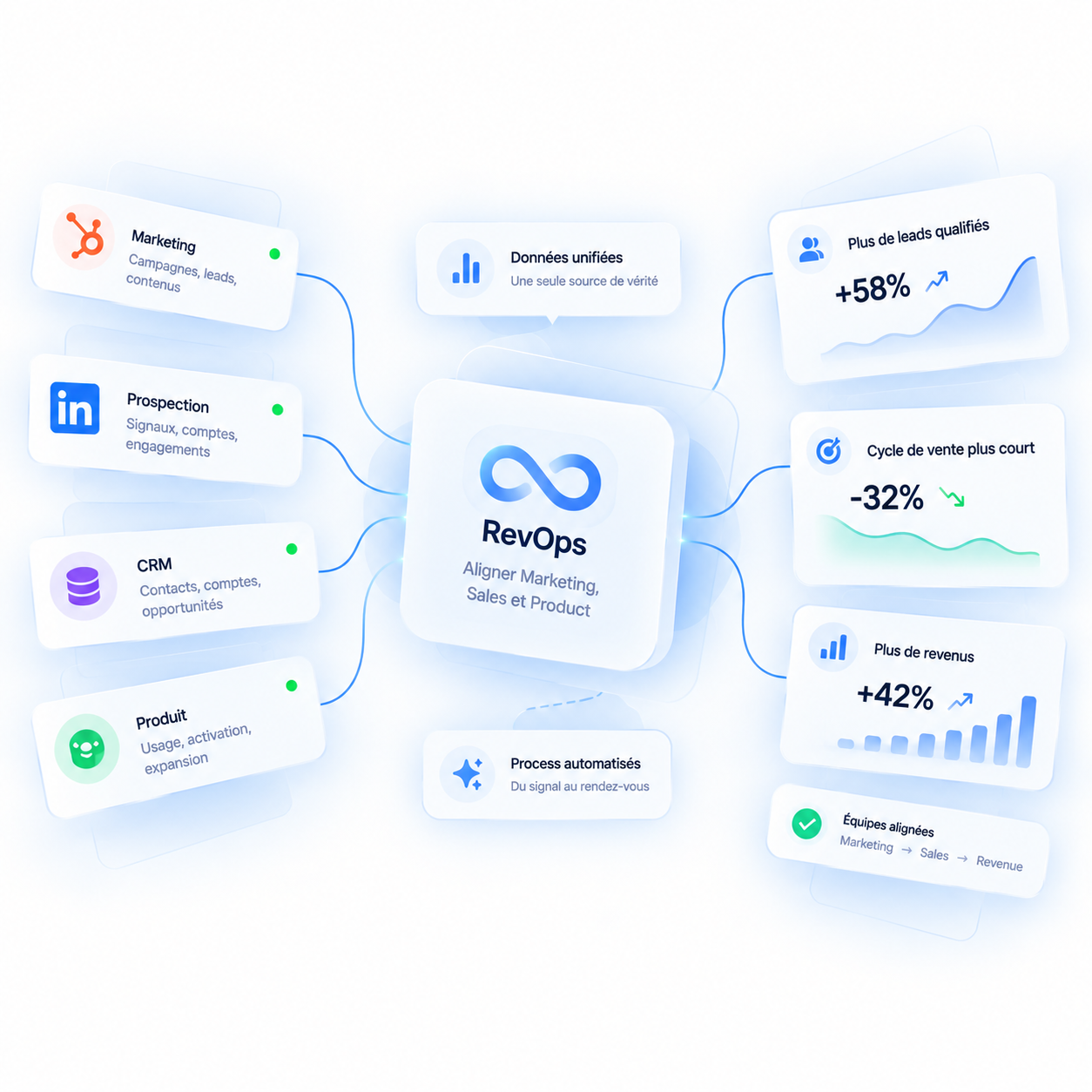 RevOps : marketing, prospection, CRM et produit reliés par des données unifiées et des process automatisés, pour des équipes alignées et plus de revenus